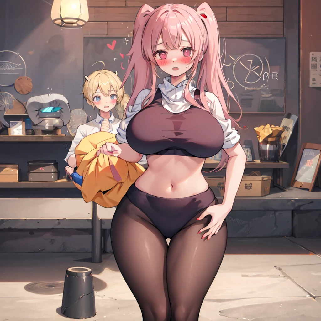 Beautiful illustrations, highest quality, かわいいgirl,beautiful girl、Clear Face、 girl、blush、Perfect hands、Thighs、Twin tails、Red Hair、Large Breasts, large breasts, wide hips, thick thighs, shirt, sportswear, shy, sports bra, screencap, masterpiece, hourglass figure, mature female