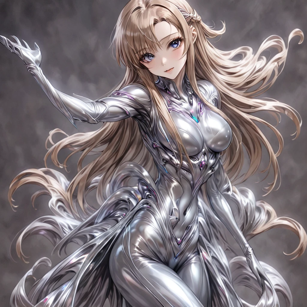 ((Highest quality)), ((masterpiece)), (detailed), (Perfect Face)、The woman is Yuuki Asuna, a completely metallic lifeform with metallic silver skin and face, and metallic medium-long hair.、The woman is a metallic lifeform whose entire body and face are made of metal.