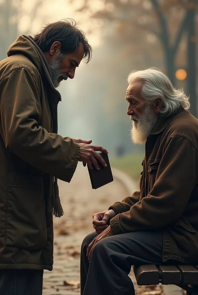 The ReunionDescription: The poor man finally finds the owner, an elderly man with a saddened expression, sitting on a bench. The old man is dressed in slightly better clothing, but he looks disheveled and hopeless. The moment he sees his wallet, his face lights up with relief and gratitude.Key Details: Focus on the emotional exchange— the poor man handing the wallet to the old man, and the old man’s expression of disbelief turning into immense gratitude