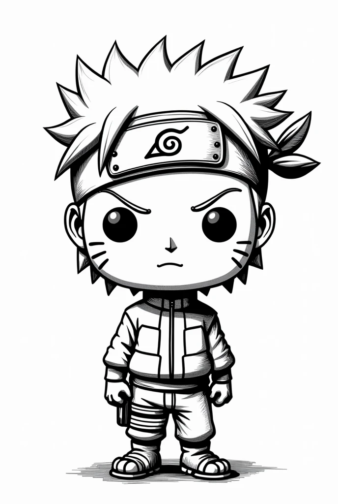 A black and white illustration, no colors, only with strokes. Create the Naruto Uzumaki character in Funko Pop style (in strokes, no shadings). Large and disproportionate head, with spiky blond hair, and his iconic Vila da Folha bandana tied around his forehead, with the leaf symbol in the center. large, expressive eyes, with the characteristic scratch mark on the cheeks, and a determined expression. Body wearing orange and black ninja costume, with a high collar and the Uzumaki symbol on the back. There must be an empty white background, no shading, with open space between the lines.