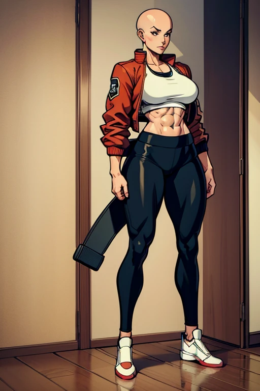 digital anime art, highly detailed, reference sheet, standing pose, feminine features, mature woman, adult female, muscular figure, six pack abs, thick arms and legs, whole body, bald, form-fitting, bomber jacket, sports bra, yoga pants, ballerina shoes, 1woman, solo, upper body, lower body, ((Extremely Detailed)), ((Best Quality)), ((Masterpiece)), ((4k)).
