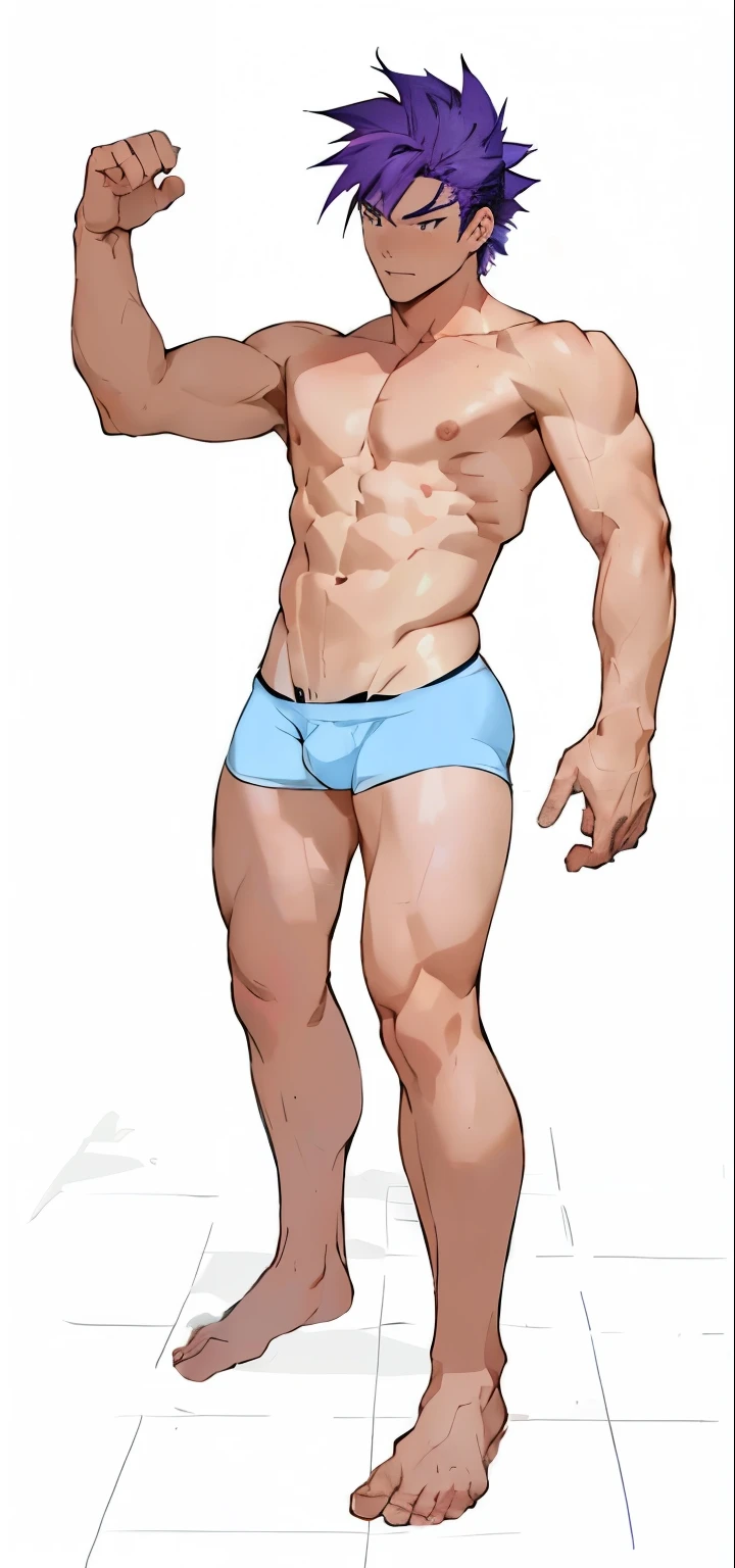 a anime of a man with purple hair and a blue underwear, beefcake pose, full character body, heroic masculine pose, male body, realistically proportioned body, whole body highly detailed, shirtless :: high detail, masculine pose, complete detailed body, realistic shaded perfect body, perfectly shaded body, oppai proportions, full body details, detailed body, character posing, bara, adult, anime spiky hair, anime man, muscle