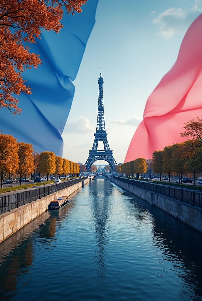 Create a backdrop that resembles the iconic landmarks of Paris, like the Eiffel Tower, Arc de Triomphe, and the Seine River. Blend these landmarks into a stadium-like atmosphere, symbolizing the merging of culture and sports.
Incorporate the colors of the French flag (blue, white, and red) subtly across the background to maintain a cohesive color scheme.
