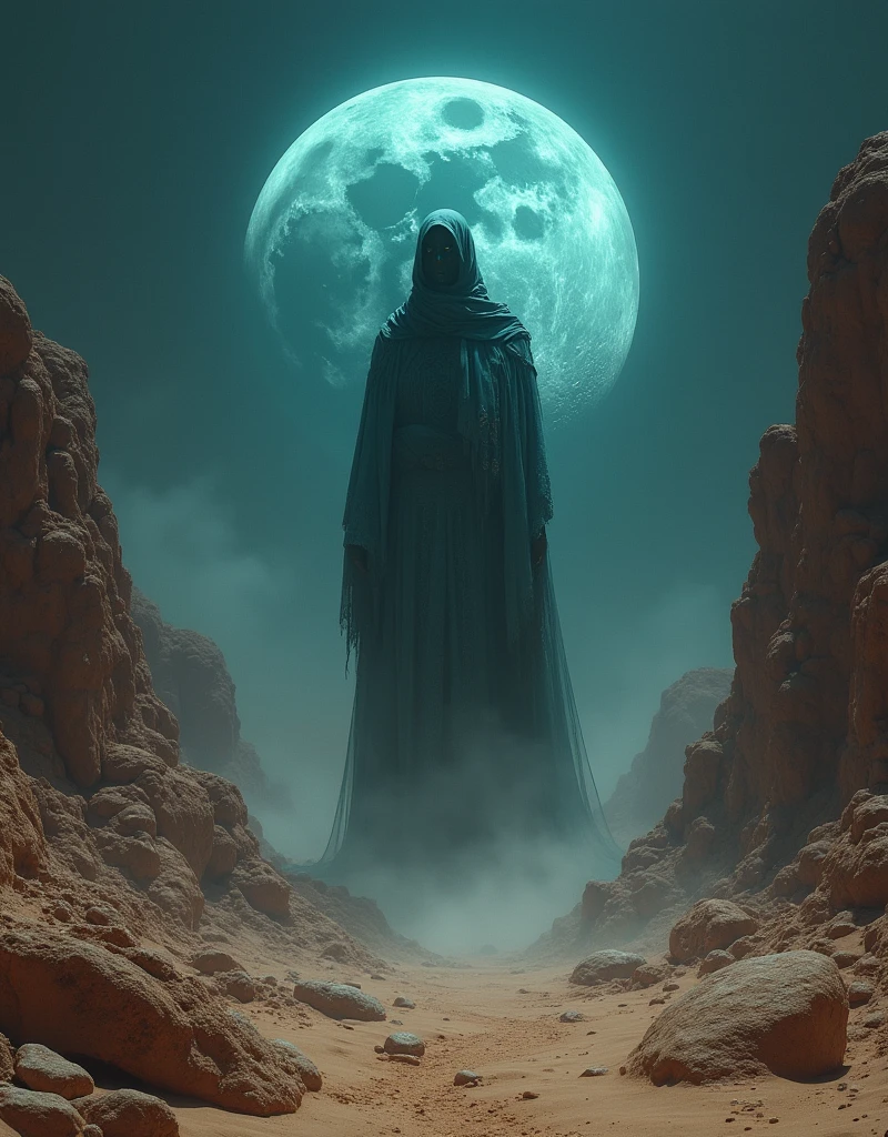 dark arabian fantasy in the style of hp lovecraft, highly detailed sand and crystal golem he have Saturn planeta in moonlit desert ruins, dynamic light, matte painting, dynamic angle, slow shutter speed, dynamic shadows