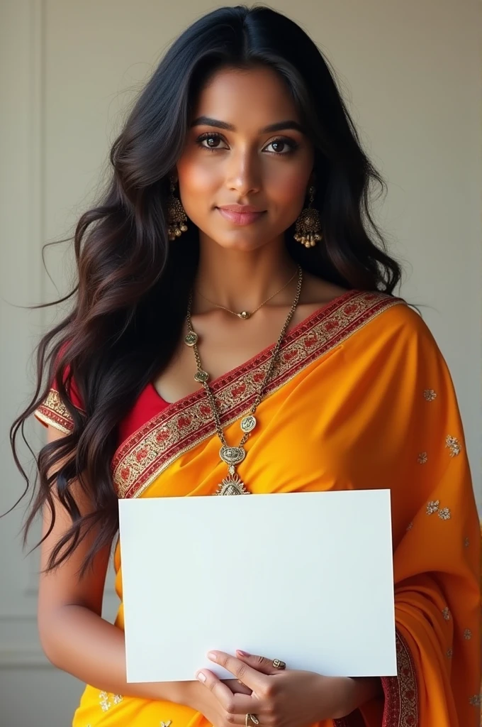 Beautiful girl with wavy long hair, full saree and full blouse costume, holding a white board with text "I Love Seaart Infinity" and showing it to the viewer