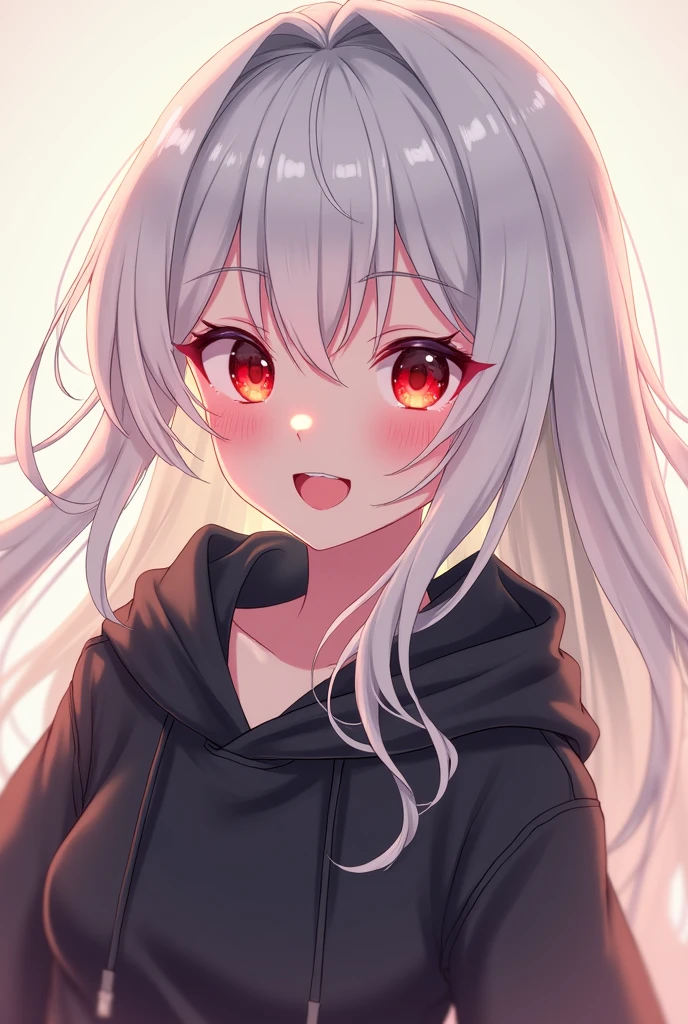 Anime girl with long white hair and red eyes wearing a black hoodie and happy