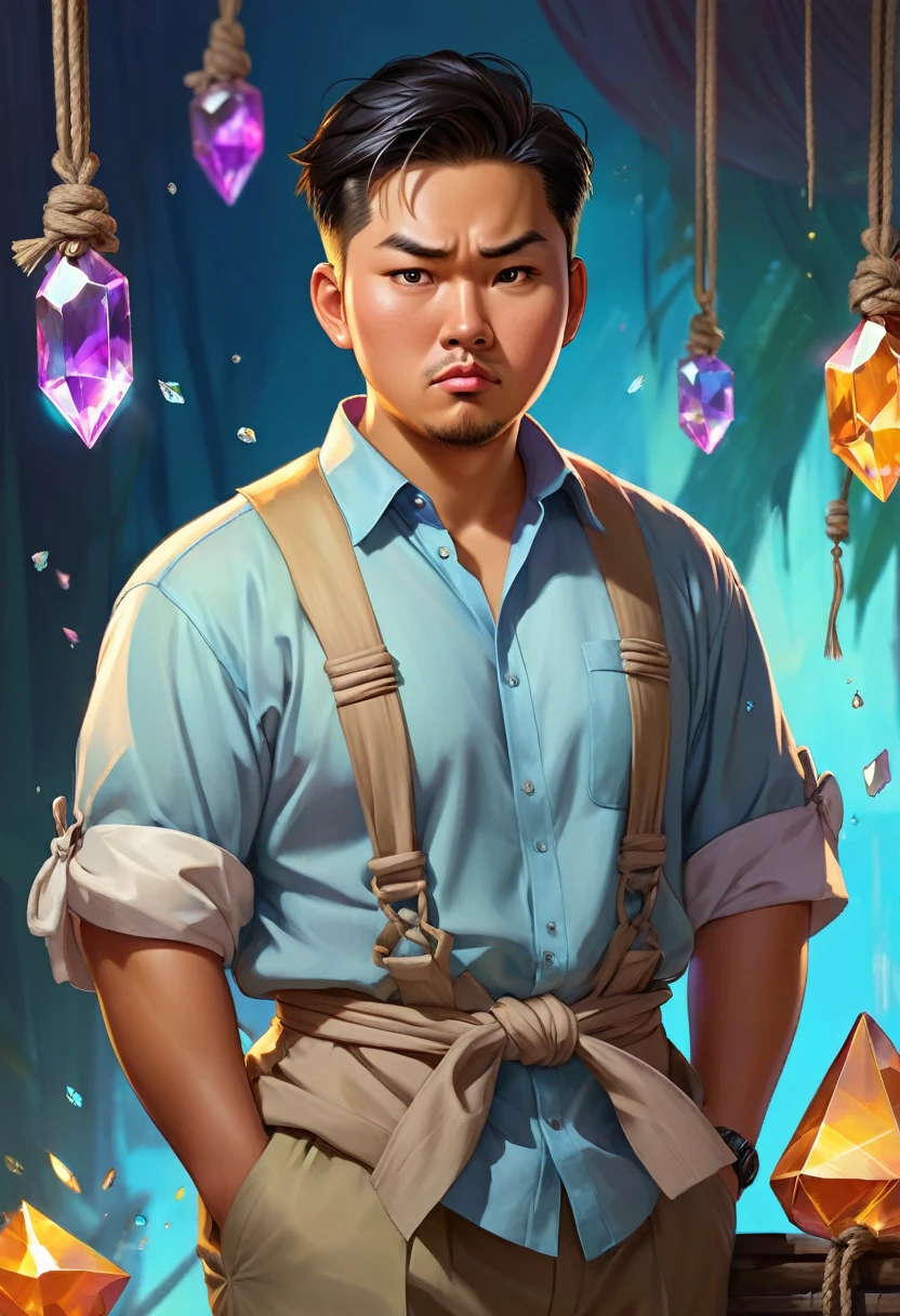 a 27 year old asian malay chinese male, tanned skin, chubby, cute and charming expression, work clothes with tied up sleeves, slightly confused look on face, looking at crystal shards, high quality, masterpiece, studio lighting, vivid colors, concept art, digital painting
