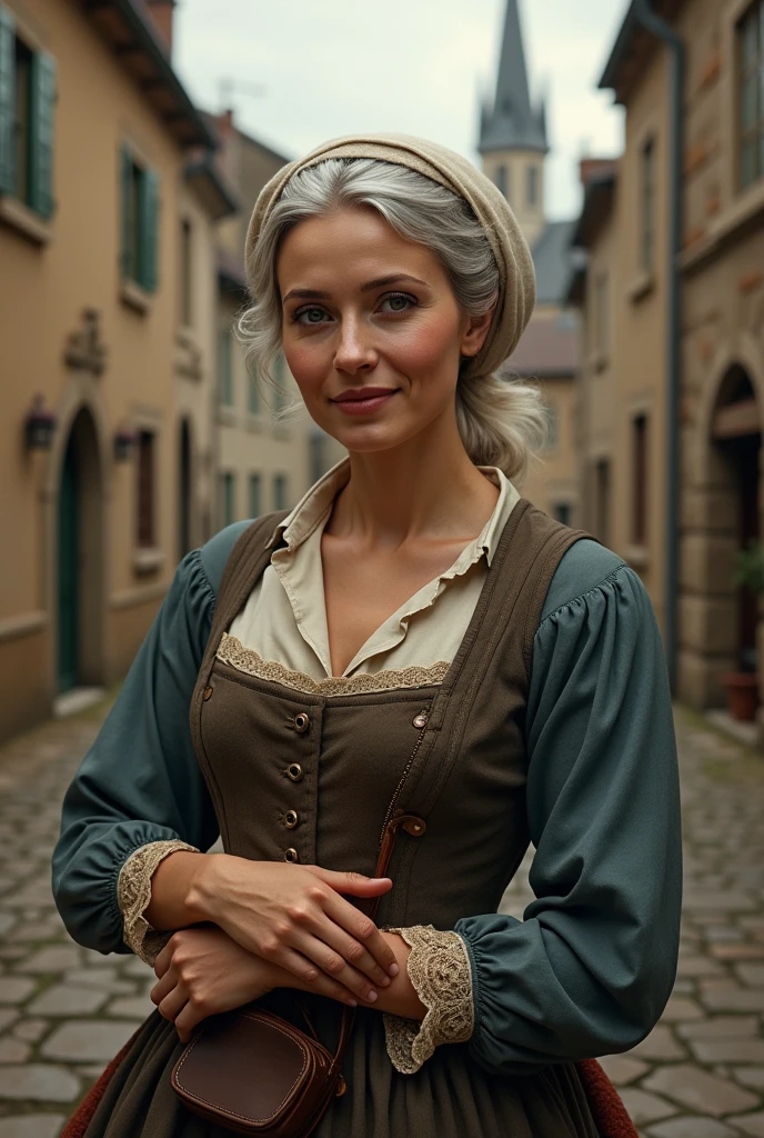 (photorealism:1.2), woman living in Villeconin, seamstress, born in 1787.