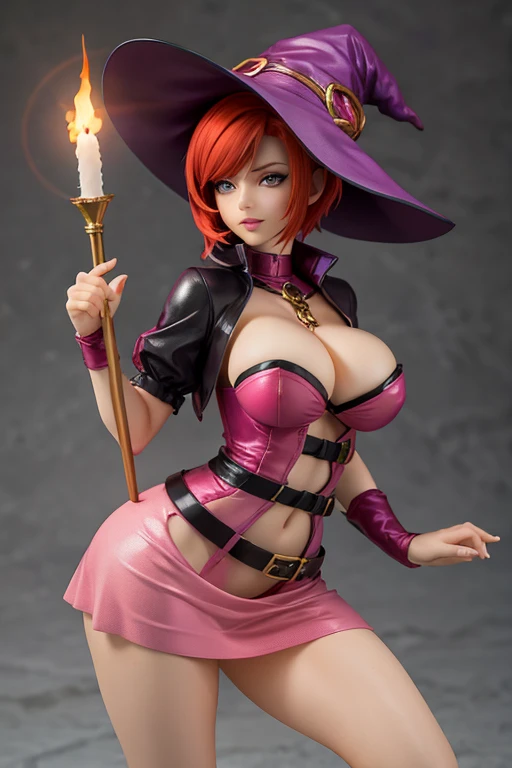 Figurer of Redhead, witch, sexy pose, big breasts, sexy pink dress, short hair, pink witch hat