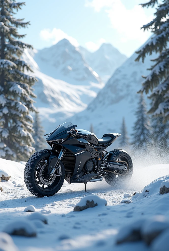 Future off-road motorcycle, Mountains, Spruces, snow
