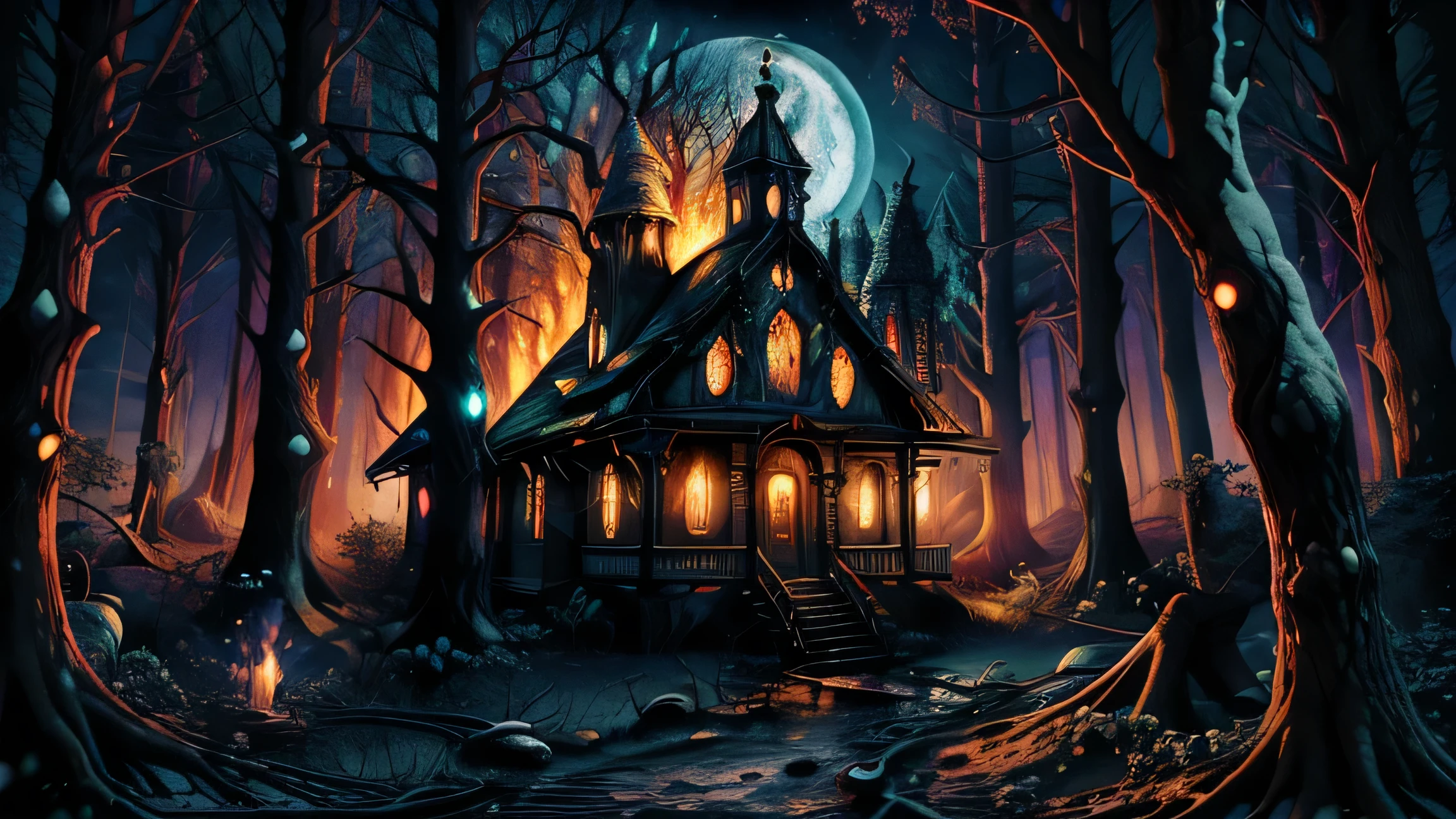 darkspherastyle, (church in flames), fire accident, fire, dark coven, forest, horror theme, moon on sky, black metal album, darkness, creepy forest