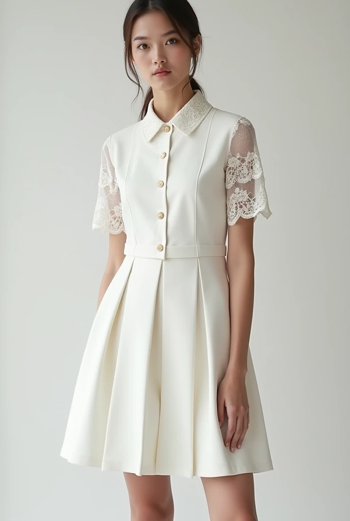 A white dress in cold lycra fabric ,knee-length pleated petticoat, with buttons down the front from the collar to the hem, polo collar with rounded tips in lace fabric and long sleeves in lace fabric, that is elegant and modern