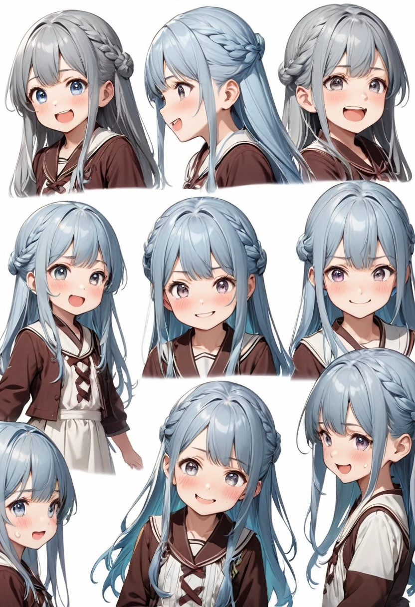 Accurate perfect anatomy of eight very cute girls with different expressions, anime character image poses, light blue long hair, very cute littlewith different expressions, kaki pants and different colored fir clothes (Hairstyle light basket long hair) White background, detailed drawing, front view, side view, three-quarter view, smiling face, smiling, angry, happy, crying face, cute, exaggerated, different expressions, lifelike depiction, perfect artistic design, accurate, perfect anatomy, complex, extremely delicate texture, clear and detailed animation