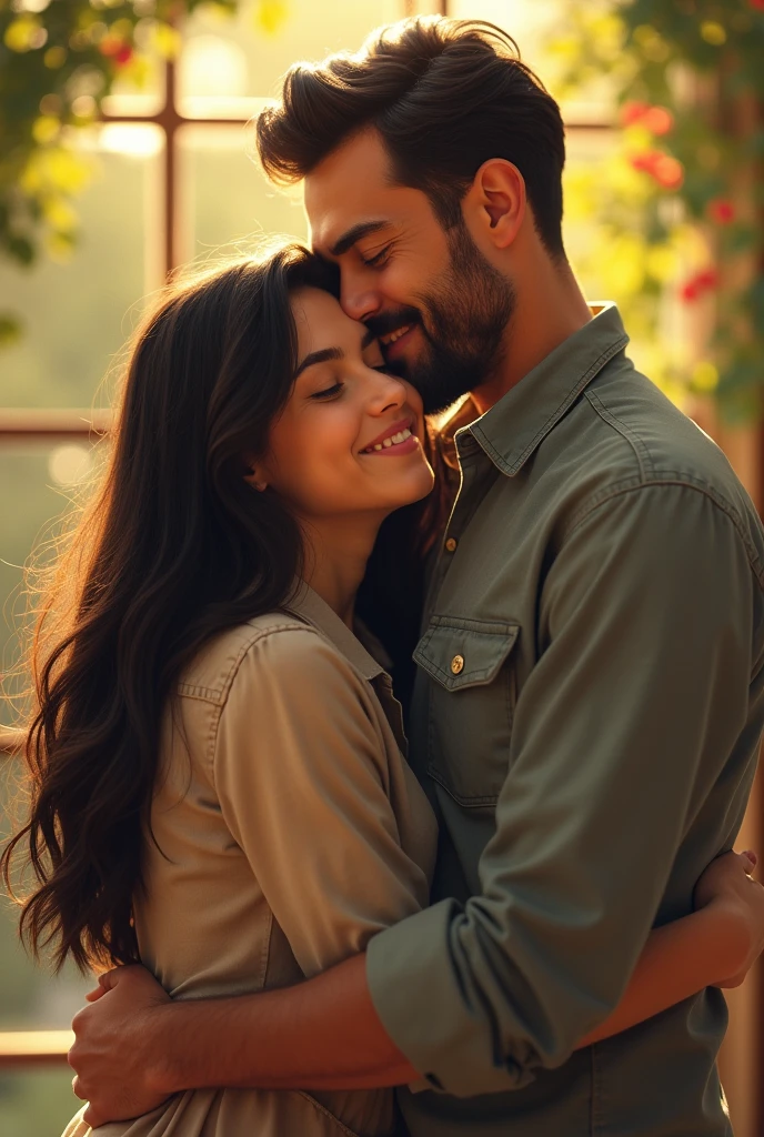 A photo of father ( Bblack hair, sem beard, ) and daughter ( Youngh, long black hair, age 28 ) hugging