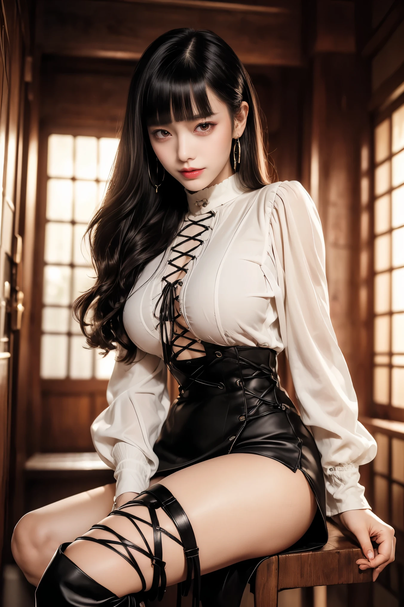 ((Crossing your legs:1.5)),Ultra-high resolution、(((Blunt bangs, Princess Bang))), (((Very heavy,Voluminous bangs:1.1))),(((very length, Very heavy,Very voluminous side locks:1.1))),, Raised ponytail，Straight bangs hairstyle, Round face with Blunt bangs, length, Glossless hair、Bangs cut straight,(masterpiece, Highest quality:1.5), (Ultra-fine 8K CG:1.4), (hyperRealistic:1.25), (PhotoRealistic:1.25), (Realistic:1.4), Cowboy Shot, (One from the front.4), (smile1.3), Beautiful Japanese Girl, Supermodel, Japanese Idols, (smile), Big Breasts, (Sitting in a chair)、Accentuate your cleavage:1.5、Black Hair:1.2、Full body image、((Real person:1.5))、(pantyhose:1.2)、((From below:1.5)), Earrings、 (Micro tight mini skirt), Big Breasts,((Lace-up long boots 2.0)),(Very long legs),