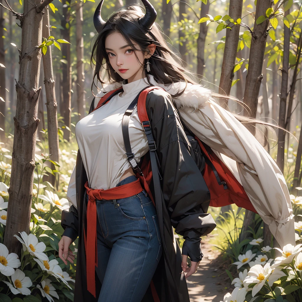 ((best quality)), ((masterpiece)), (detailed), 1 women pornstar elf dark knight, 8k_wallpaper, extremely detailed eyes, (large masterpiece digital art), (intricate details:1.3 ), (ultra-detailed:1.3), (sharp focus:1.3), (natural lighting:1.05), (vivid colors:1.3), (best quality:1.4), high quality, expressive eyes, full body, detailed face, beautiful face, perfect face, ((hair sandy white curls)), ((indigo horns)), (gold eyes), {{dark skin}}, ({dark skinned female}), big breasts, huge chest, powerful relief muscles of the abdomen and legs, powerful strong muscles of the arms, cruel predatory and cold-blooded arrogant look and smile, a green coat with a white fur collar, a wide red belt with a large steel yarn, gold-colored steel shoulder pads in the shape of a dragon's head, red leather gloves, a quiver of arrows and a hiking backpack, walking along a path against the backdrop of a field of blooming flowers and a forest,