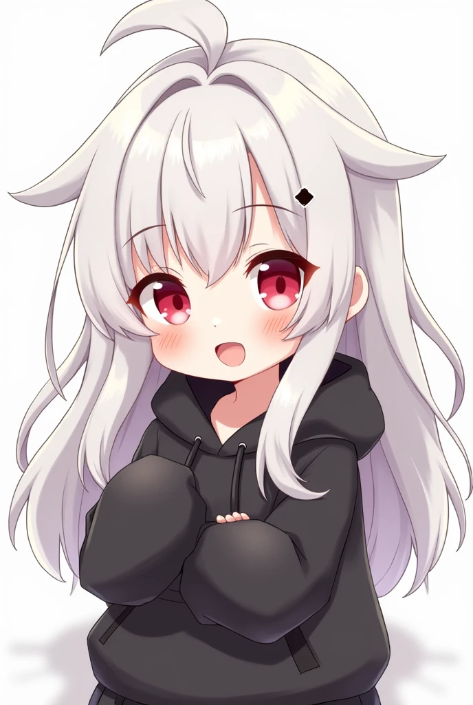 Chibi anime girl with long white hair and red eyes wearing a black hoodie and happy