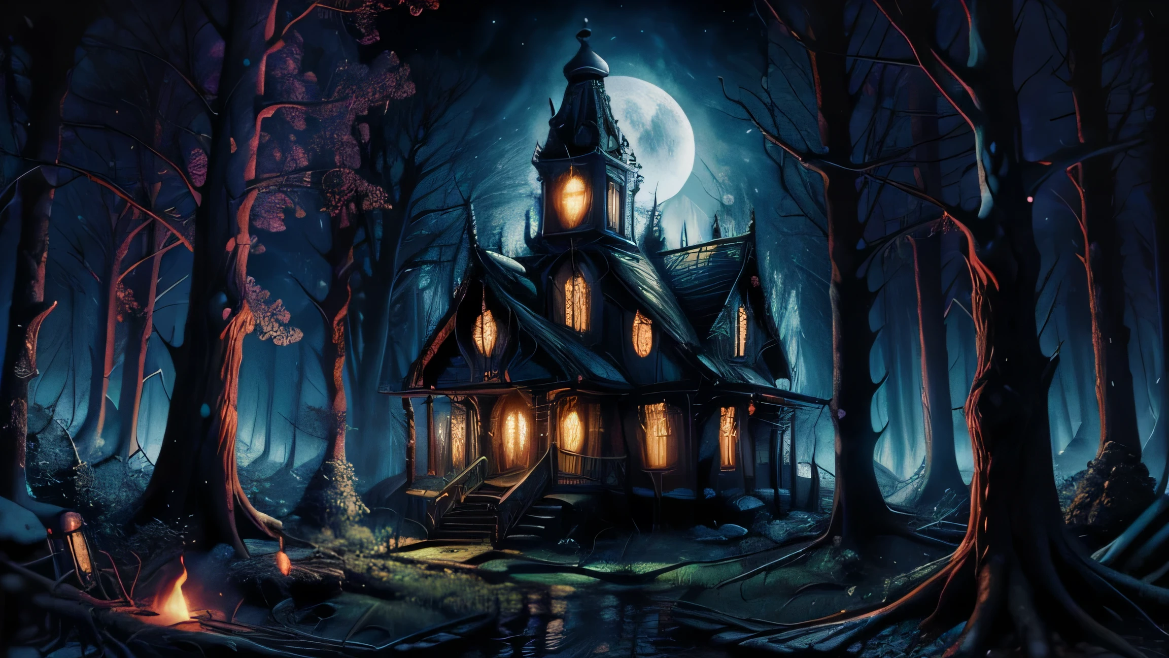 darkspherastyle, (church in flames), fire accident, fire, dark coven, forest, horror theme, moon on sky, black metal album, darkness, creepy forest