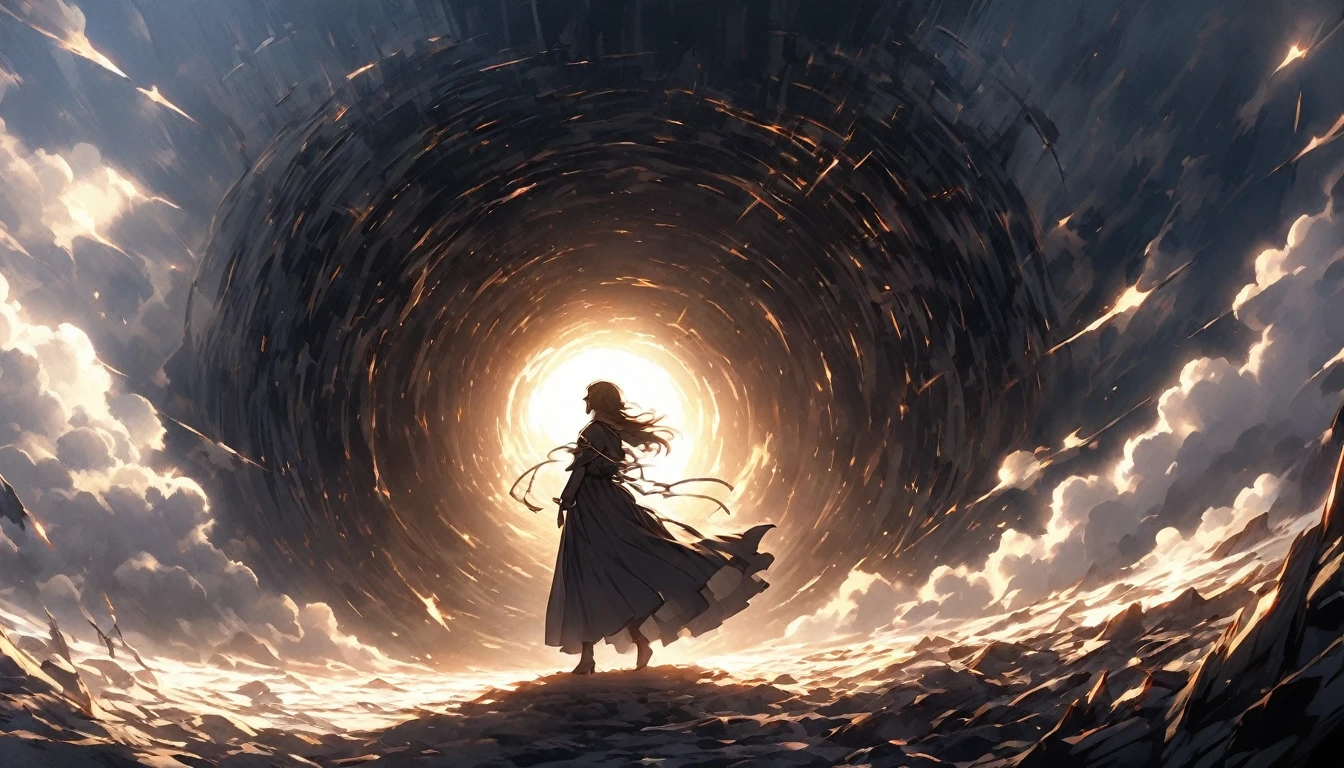 A dramatic scene featuring a lone figure standing at the edge of a vast, shadowy abyss, with cracks running through the ground beneath them, symbolizing internal struggles and the weight of doubts. Behind the figure, a warm, radiant light begins to break through the darkness, casting long shadows and highlighting the path forward. The figure is shown in mid-motion, as if taking a bold step towards the light, with one hand reaching forward, symbolizing the decision to break free and find where they belong. The environment around them is barren, with a few remnants of broken chains or shattered masks lying on the ground, representing the shedding of past fears and pretenses. The sky above is dark with swirling clouds, but there’s a clear break where the light shines through, offering a sense of hope and renewal. The overall composition emphasizes contrast, with the figure poised between the darkness of their past and the light of a hopeful future. The mood is intense, yet uplifting, reflecting determination and the courage to move forward.