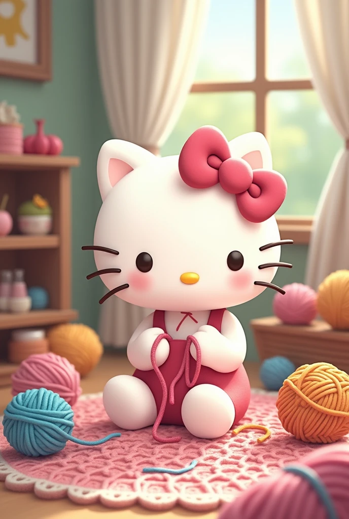 Hello kitty qui fait du crochet