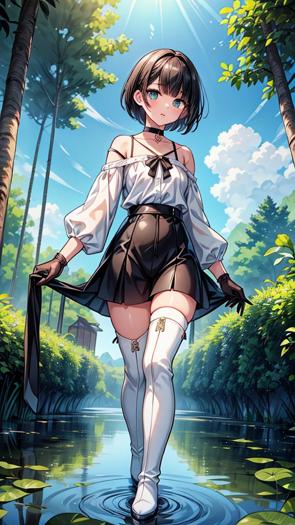 masterpiece, best quality, outdoors, 
bags under eyes, 
pekoradef, 1girl, solo, looking at viewer, skirt lift, shorts, 
<lora:Pekora_LoRA:1>,