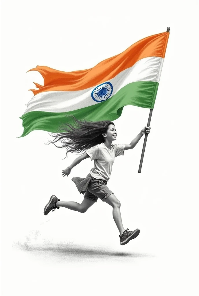 Cute & pretty girl running with indian flag. View from side. Pencil art.