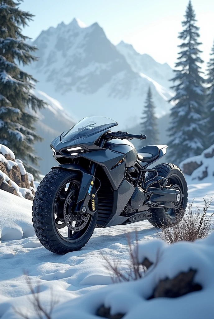 Future off-road motorcycle, Mountains, Spruces, snow