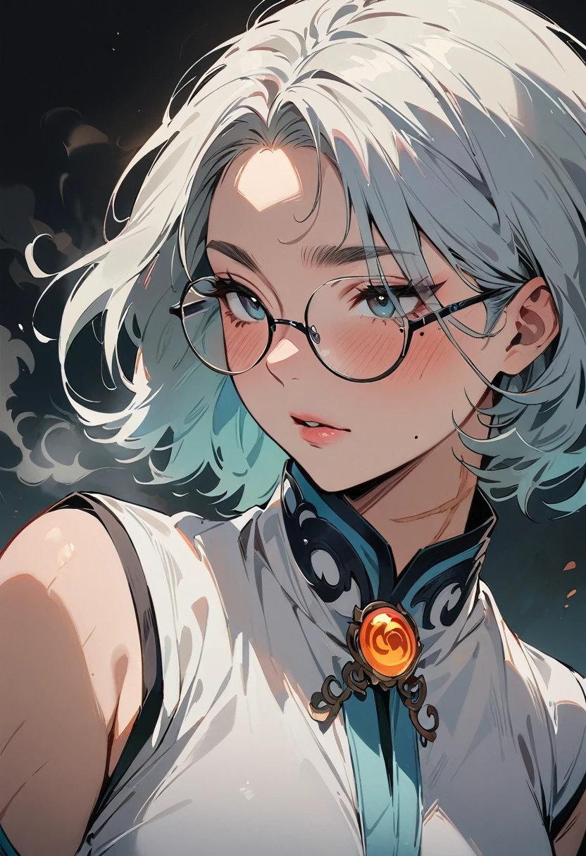 (masterpiece, best quality:1.4), 1 girl, 独奏, Anime style, Dark gray pupils, Blurred eyes, Black-rimmed glasses, Large scars on the face, Large scars, Right tear mole, Gray short hair style,, large breasts, White vest, steam, Vision, black background.