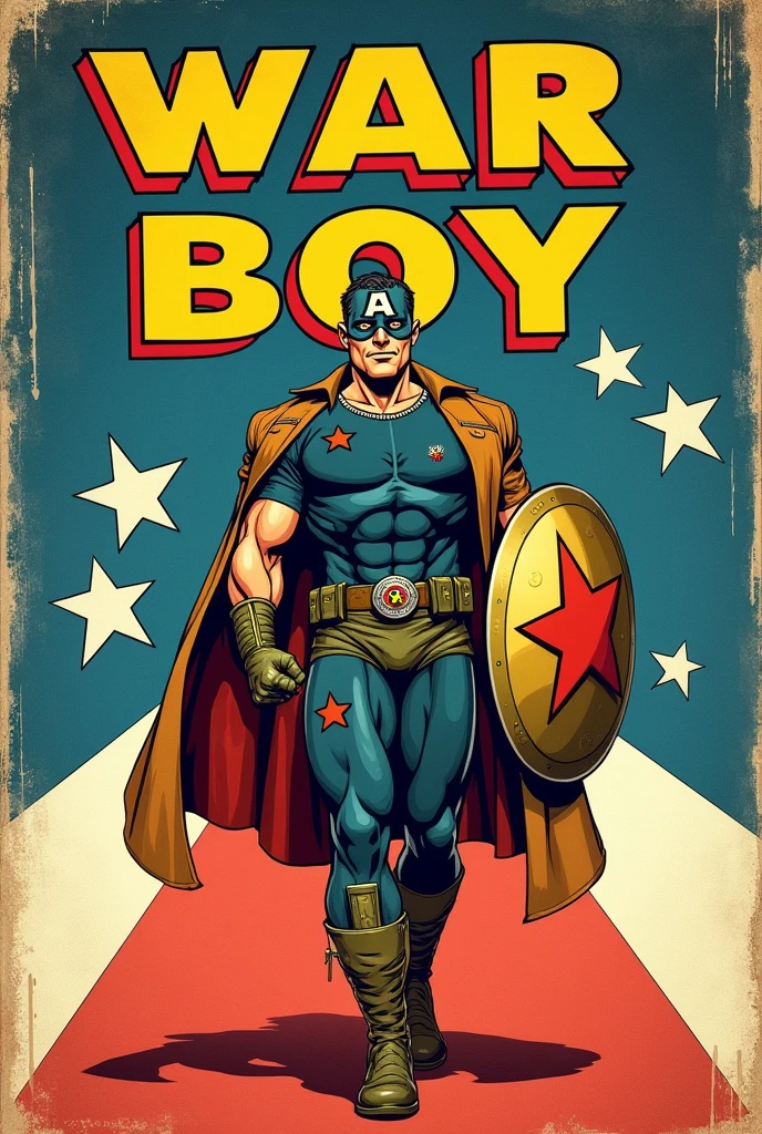 Comic about superheroes from Atlas Comic with images of a hero named War Boy with His costume is a mix between a military outfit and a superhero costume wearing a tight dark blue t-shirt, military-style pants and a jacket with insignia representing his status as a hero. The predominant colors are blue, the red and the white, evoking a patriotic aesthetic and War Boy wears a belt with several compartments and carries a star on his chest, symbolizing his connection to patriotism he also wears military boots and,  gloves, He wears a mask with a military helmet. It has a golden shield with a red star in the center.. Put it on the cover and the letters Atlas Comics in yellow above it. The comic is from 1954