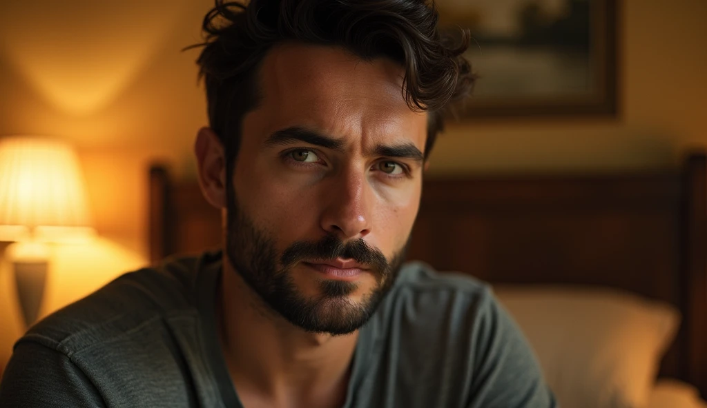 Portrait of a good-looking 35-year-old adult man, with himself as the main subject. He is in an indoor environment, suggesting a bedroom, with warm, soft lighting, suggesting the artificial light of a lamp. He should have short, slightly wavy dark brown hair and a sparse beard evenly distributed across his face, as well as a serious, thoughtful expression, looking directly at the camera. The focus should be on his face and eyes, which are slightly off center. The light should enter sideways from the left, creating soft shadows that highlight the angular features of the face. The background should be out of focus, with a soft bokeh, showing elements such as windows, a bed, a chest of drawers and a painting on the wall. The color palette should be ted by warm tones of gold, orange and brown, creating a warm and introspective feeling. The depth of field should be wide, isolating the main subject from the background, and sharpness should be maximum in the face and eyes, while the rest of the image is blurred. The photograph must capture extreme detail, with a high-quality rendering in 8k, with professional photographic quality and attention to detail that conveys the realism of a room, introspective atmosphere, bokeh, soft and diffused lighting.