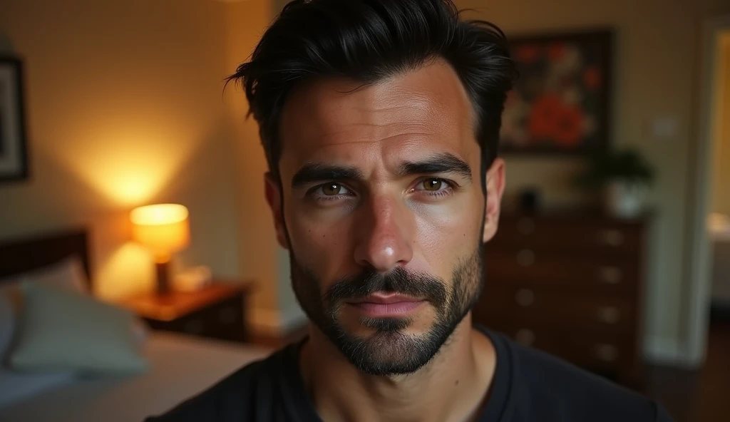 Portrait of a good-looking 35-year-old adult man, with himself as the main subject. He is in an indoor environment, suggesting a bedroom, with warm, soft lighting, suggesting the artificial light of a lamp. He should have short, slightly wavy dark brown hair and a sparse beard evenly distributed across his face, as well as a serious, thoughtful expression, looking directly at the camera. The focus should be on his face and eyes, which are slightly off center. The light should enter sideways from the left, creating soft shadows that highlight the angular features of the face. The background should be out of focus, with a soft bokeh, showing elements such as windows, a bed, a chest of drawers and a painting on the wall. The color palette should be dominated by warm tones of gold, orange and brown, creating a warm and introspective feeling. The depth of field should be wide, isolating the main subject from the background, and sharpness should be maximum in the face and eyes, while the rest of the image is blurred. The photograph must capture extreme detail, with a high-quality rendering in 8k, with professional photographic quality and attention to detail that conveys the realism of a room, introspective atmosphere, bokeh, soft and diffused lighting.