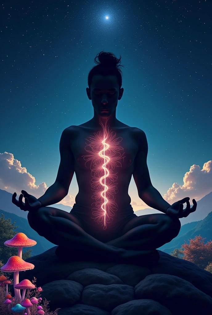 I would like the silhouette of a person in a state of meditation. A subtle light comes out of his chest, drawing the shape of the kundalini energy. The background of the image should be very calm, a very starry night. In the corner of the image, two beautiful mushrooms intertwined. These mushrooms are of many colors, evoking a psychedelic trip. These mushrooms should be in the corner of the image.