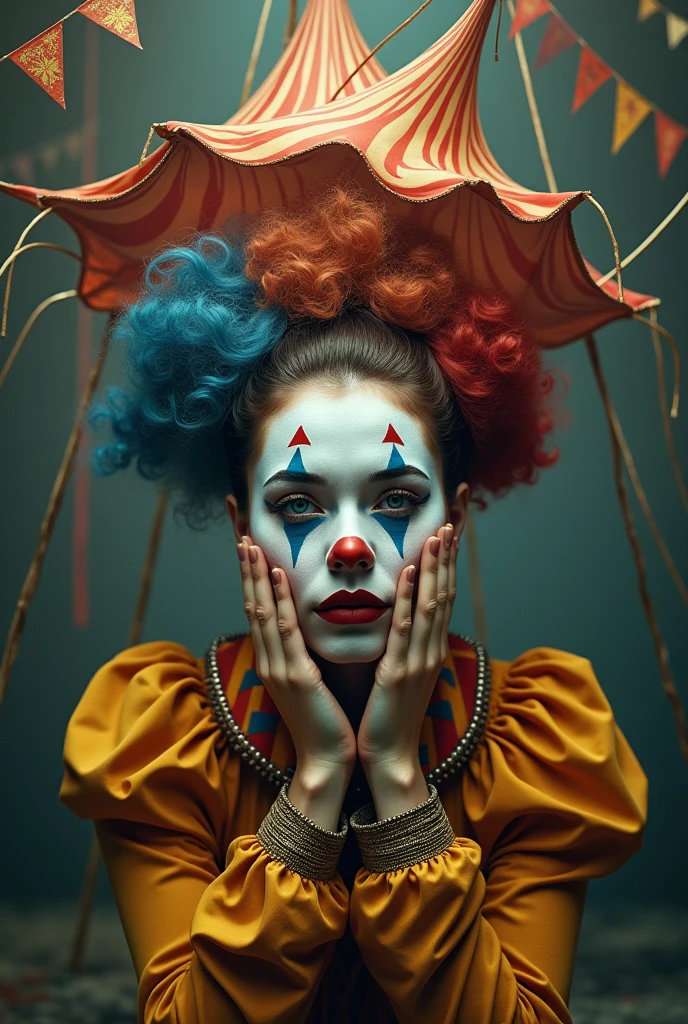 A woman with a clown face, with both hands under his chin and his clown outfit extends and forms a circus tent.