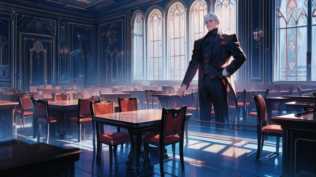 Chico, Alone, seated, imposing pose, big table, a photo of a man in his twenties, shiny black suit, White hair, arranged to one side, Red eyes, meeting room, large windows, soft colors