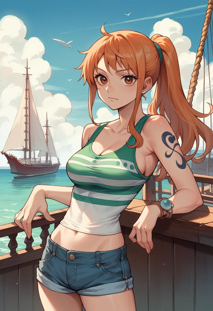 1girl, art by Eiichirio Oda, nami, wearing a tank top(tight fitting, white colour), denim short pant, ponytail, late middle age, looking at the viewer, ship on the background