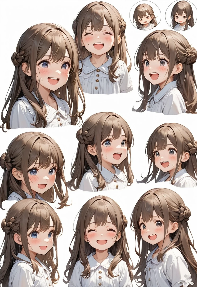 Accurate perfect anatomy of eight very cute little girls with different expressions, anime character image poses, light blue long hair, very cute little girl with different expressions, kaki pants and different colored fir clothes (Hairstyle light basket long hair) White background, detailed drawing, front view, side view, three-quarter view, smiling face, smiling, angry, happy, crying face, cute, exaggerated, different expressions, lifelike depiction, perfect artistic design, accurate, perfect ???????, complex, extremely delicate texture, clear and detailed animation