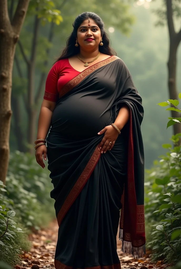 Indian women realistic face detailed, black saree and red blouse, big breasts , oversized belly, standing in nature 8k detailed