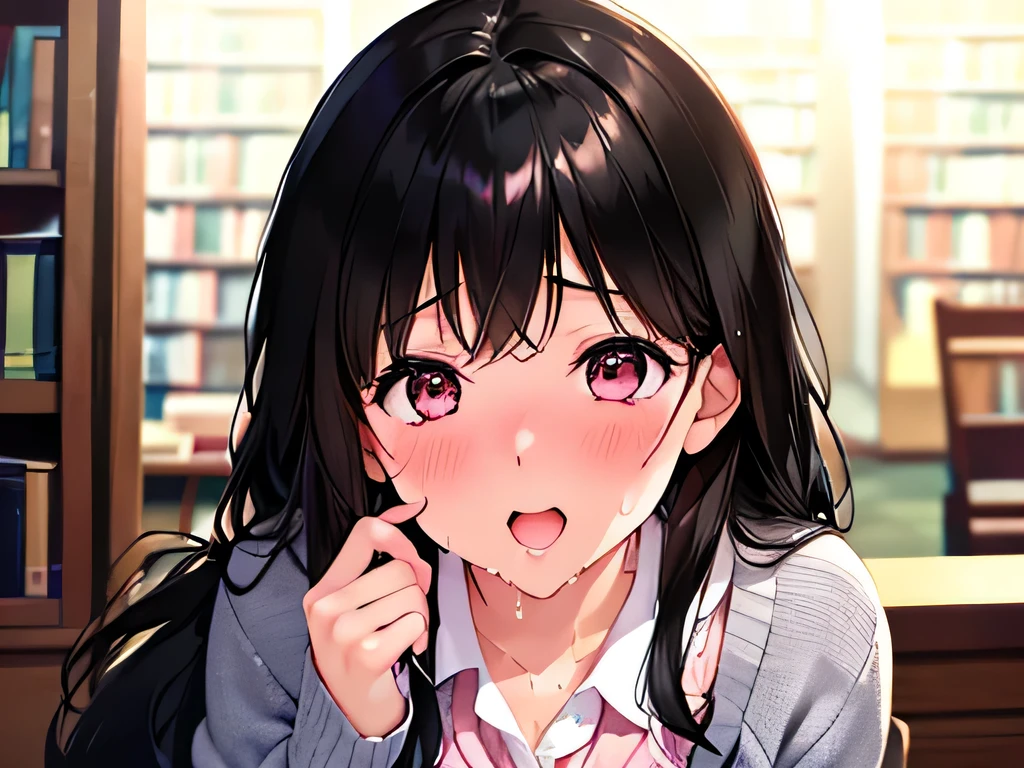 (masterpiece、Attention to detail),(Detailed and accurate face),beautiful girl、18-year-old、((Black Hair、Shortcuts)),(JK、cardigan)、sexy、((blush、Ecstasy face、Trance))、(Sweat),(blowjob),(library)