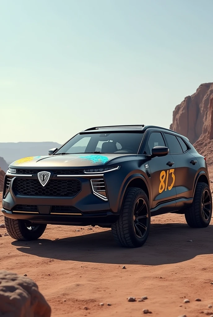 A stunning illustration rivian suv , customized with a unique shield blue and yellow shield on the door. The vehicle is painted in military black mate, giving it an aggressive and rugged appearance. The image captures the SUV's powerful presence, with its iconic grille and bold wheels. The background showcases a desolate, yet picturesque landscape, emphasizing the vehicle's readiness for any terrain.