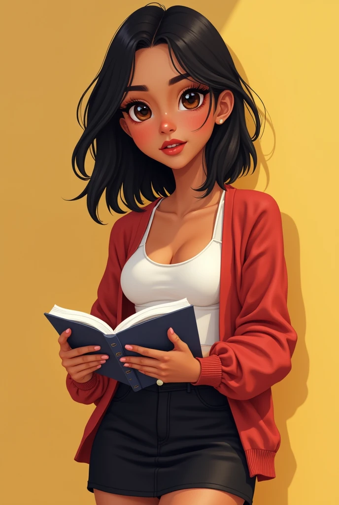 Create a Nicaraguan Latina girl , light caramel skin, with square face , Wide nose , brown deer eyes , round lips, shoulder length hair , short  ,fluffed, straight black , small waist , small breasts , reading a book , dressed in a black mini skirt and a white tank top and a red cardigan.