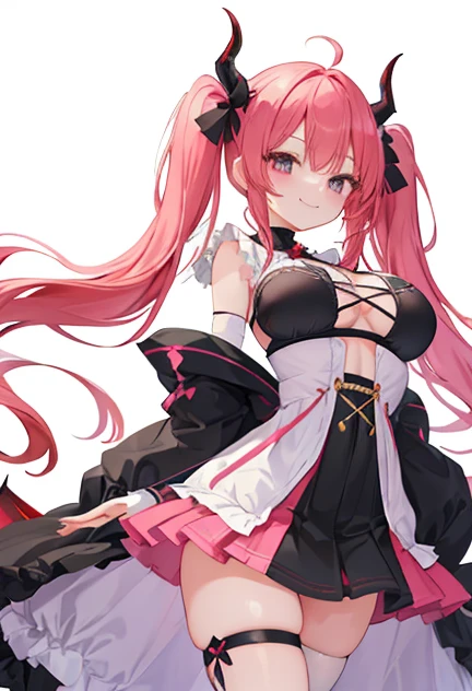 beautiful illustrations, highest quality, pretty girl,beautiful girl、clear face、 half girl、pastel colour ,red hair、black eyes、smile、blush、にこやかなsmile、thighs、devil、black feather、fantasy、fantasy、perfect hands、five fingers、twin tails、horns on head、big breasts、High leg、Wedgie