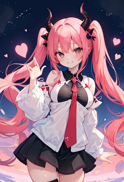 beautiful illustrations, highest quality, pretty girl,beautiful girl、clear face、 half girl、pastel colour ,red hair、black eyes、smile、blush、にこやかなsmile、thighs、devil、black feather、fantasy、fantasy、perfect hands、five fingers、twin tails、horns on head、big breasts、High leg、Wedgie
