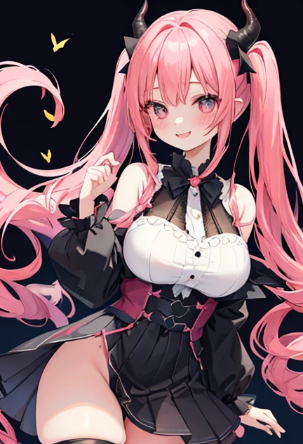 beautiful illustrations, highest quality, pretty girl,beautiful girl、clear face、 half girl、pastel colour ,red hair、black eyes、smile、blush、にこやかなsmile、thighs、devil、black feather、fantasy、fantasy、perfect hands、five fingers、twin tails、horns on head、big breasts、High leg、Wedgie