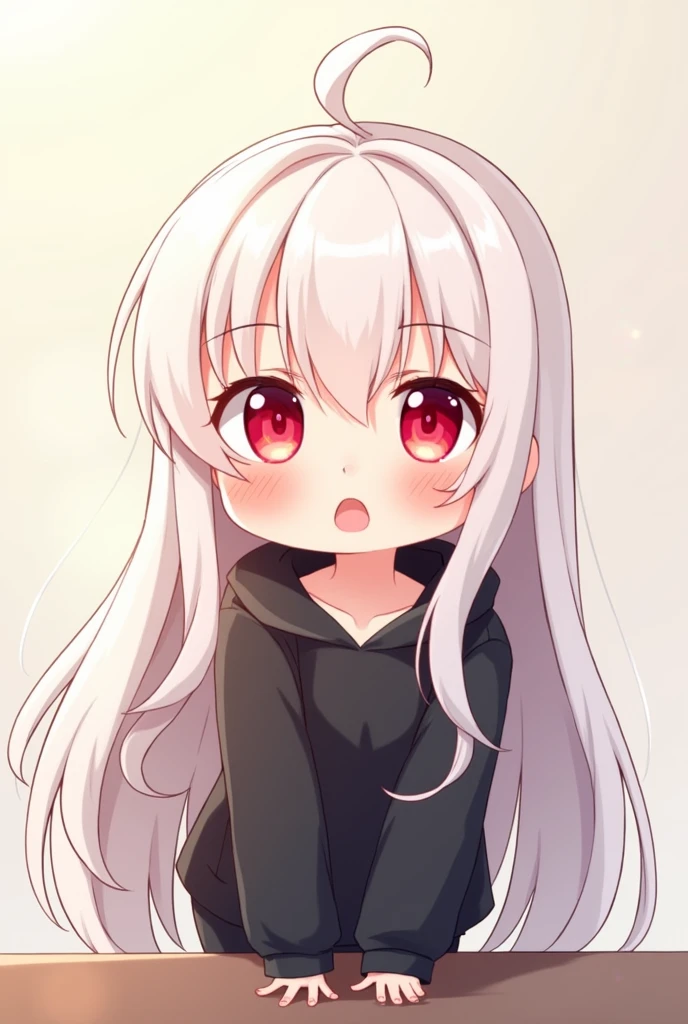 Chibi anime girl with long white hair and red eyes wearing a black hoodie and happy
