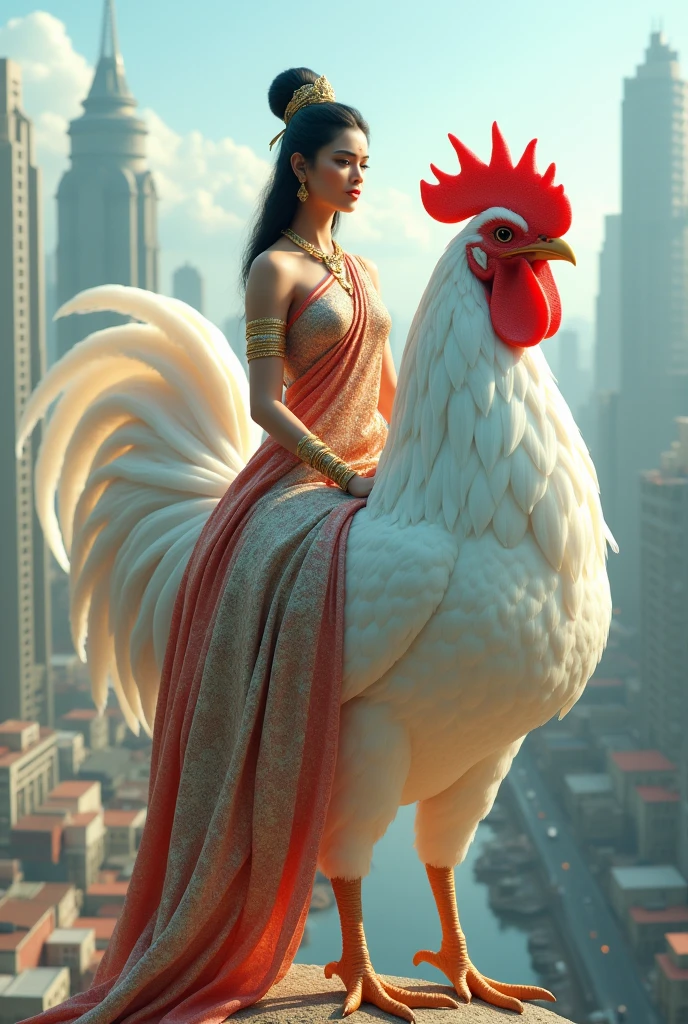 A goddess is sitting on a white rooster and the background is of a big city and the goddess is fully saree and full blouse costume 3D clothes