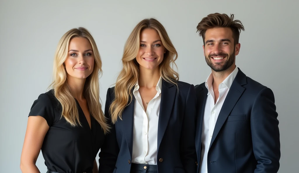 I want a photo in a professional photography studio, with three handsome white people in professional attire, being two blonde women and a man, with high resolution. the intention is to simulate three owners of an agency, with the background in this color code:D6D1CA
