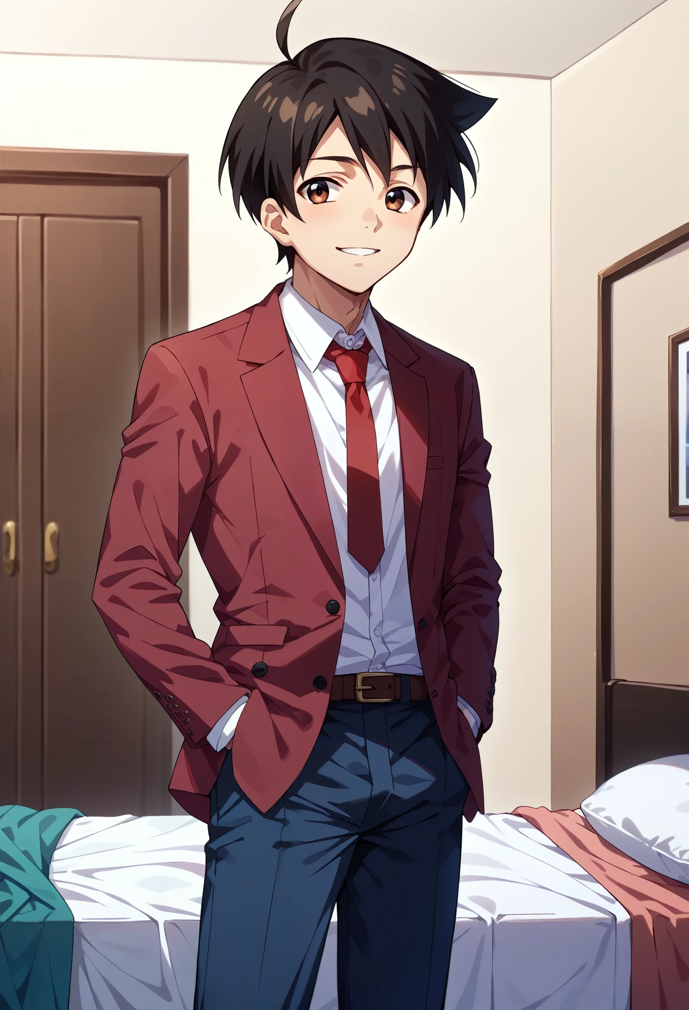 score_9, score_8_up, score_7_up, 1boy, solo,  male focus, sakuTomo, black hair, short hair, ahoge, maroon blazer, opened clothes, long sleeves, red tie, dark blue pants, white shirt, standing, slight smile, looking at you, hands on pocket, bedroom