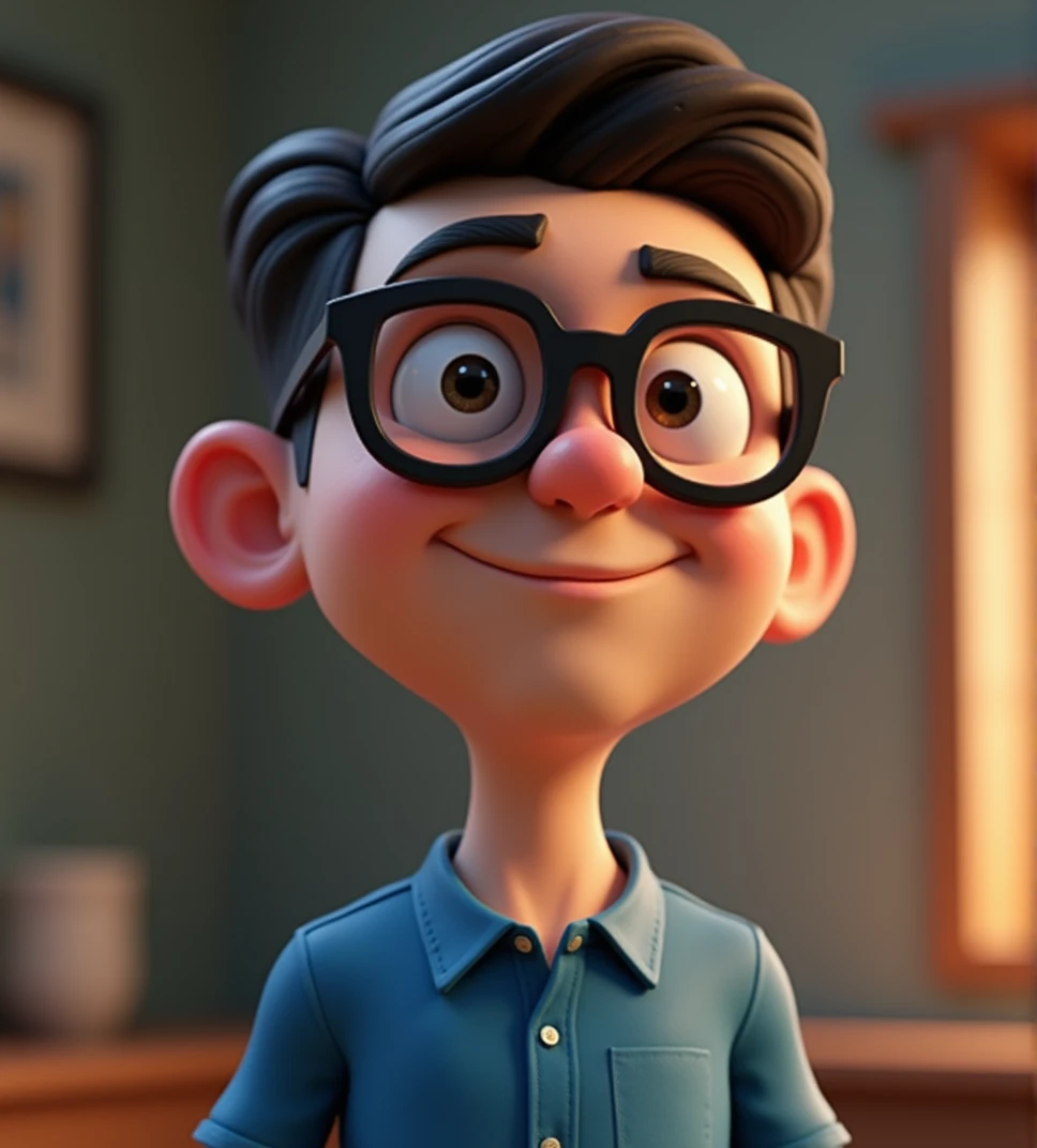 Cartoon character of a man wearing black glasses and a blue shirt, um personagem animado, Caractere estilizado, animation style rendering, 3D estilizado, Arnold Maya render, 3 d render stylized, toon render keyshot, Personagem 3D, Personagem 3D, 3d rendering stylized, 3 d character render, personagem de desenho animado, Personagem de close up, Pose de personagem, (Estilo Pixar) (master part:1.2) (Bokeh) (best quality) (pele detalhada) (textura detalhada) (8k) (argila) (Cinematic lighting) (foco nítido,Senta e vaza a parte superior do corpo
