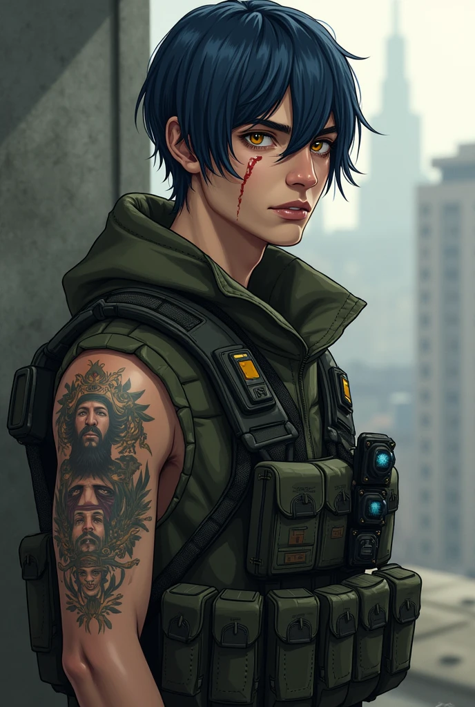 Ivan Craig, male gender, height 1,89, blue black hair, honey-colored eyes, physical appearance of an experienced soldier, wears military clothing almost always, has a scar on his face next to his mouth, he has special tattoos on his arm of the people he couldn&#39;t save who were super injured
