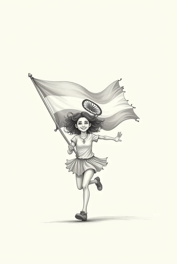 Cute & pretty girl running with indian flag. Pencil art. 